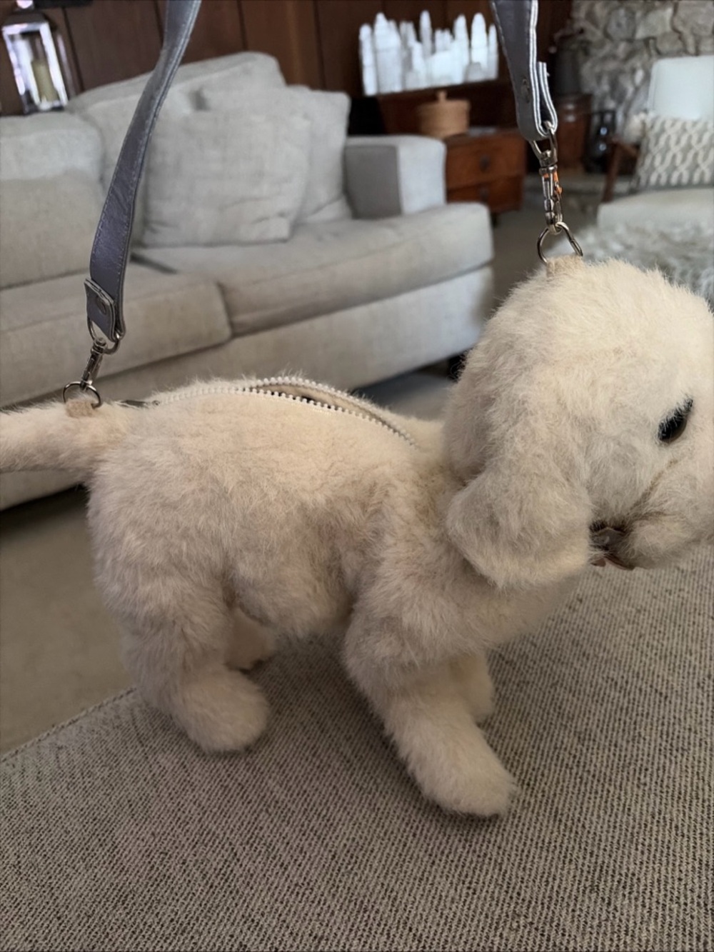Plush Cream Puppy at Home Shoulder Bag with Zipper